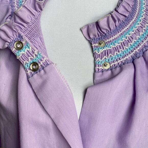 VTG LINDSAY JORDAN Smocked Ruffle Pearl Snap Front Pocket House Dress Mumu USA M - Picture 5 of 11